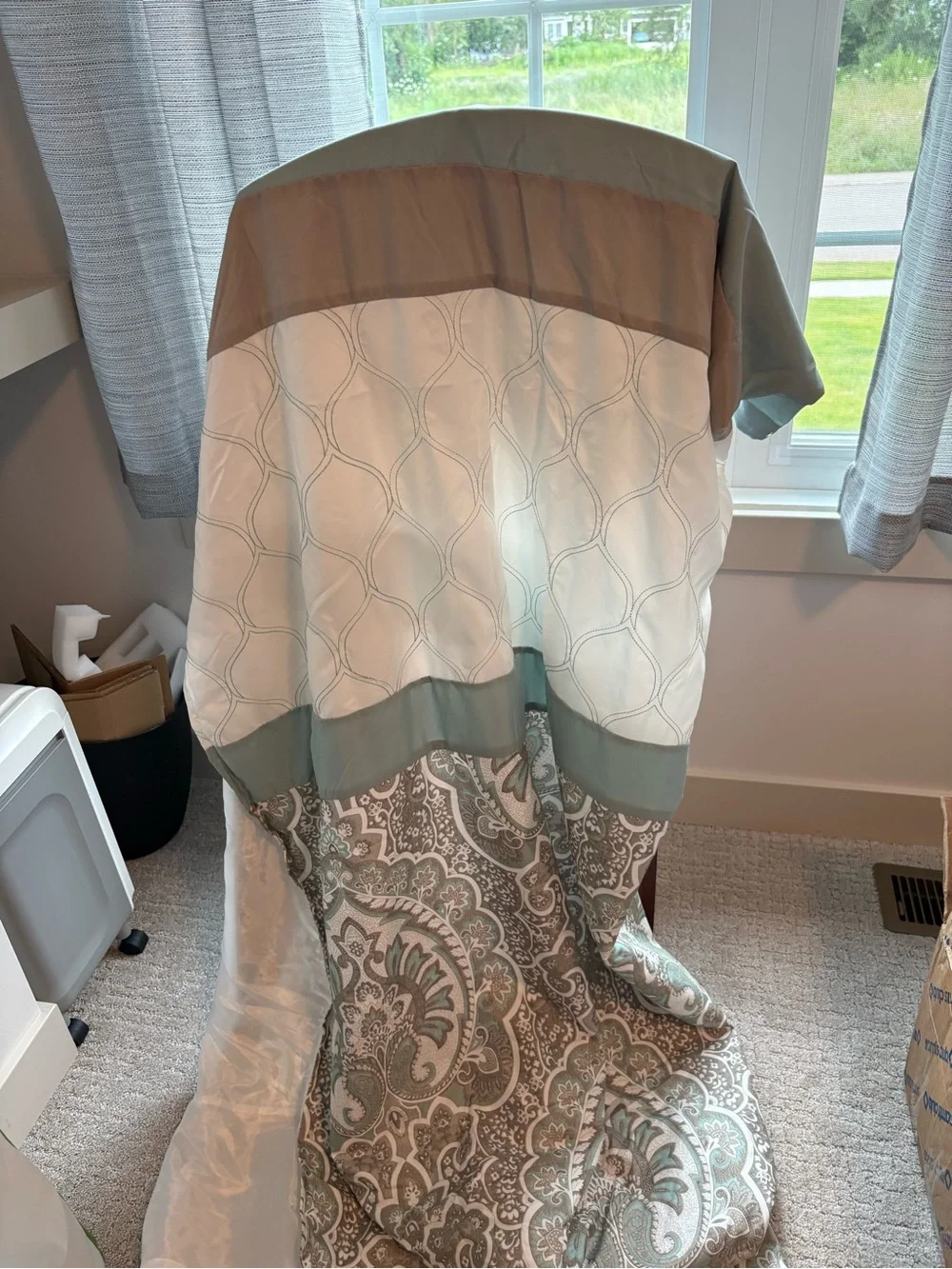 Neutral Sage and White Patterned Shower Curtain